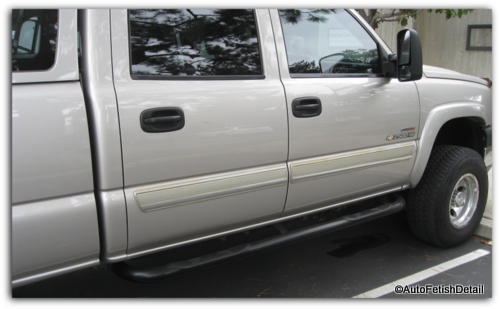 discolored truck side trim molding on this Chevy truck discolored truck side trim molding