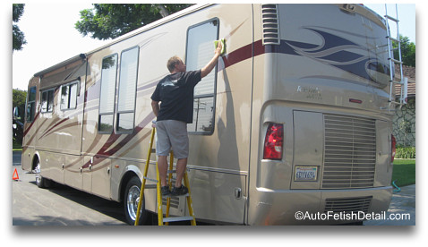 Waxing a full body paint RV with RV cleaner wax rv cleaner wax