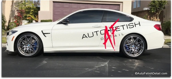 Side profile of Auto Fetish BMW M4 turtle wax color cure on white BMW